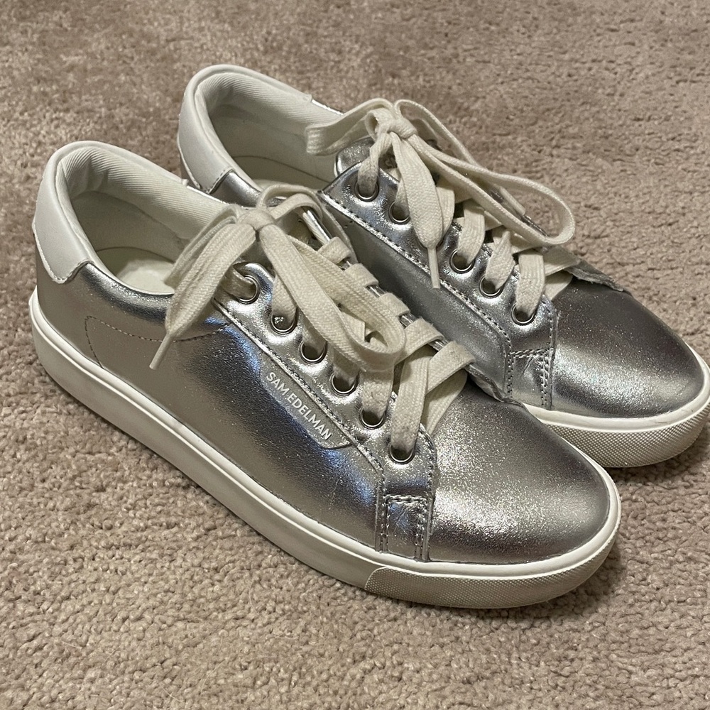 Sam Edelman Metallic Silver Lace-Up Sneakers